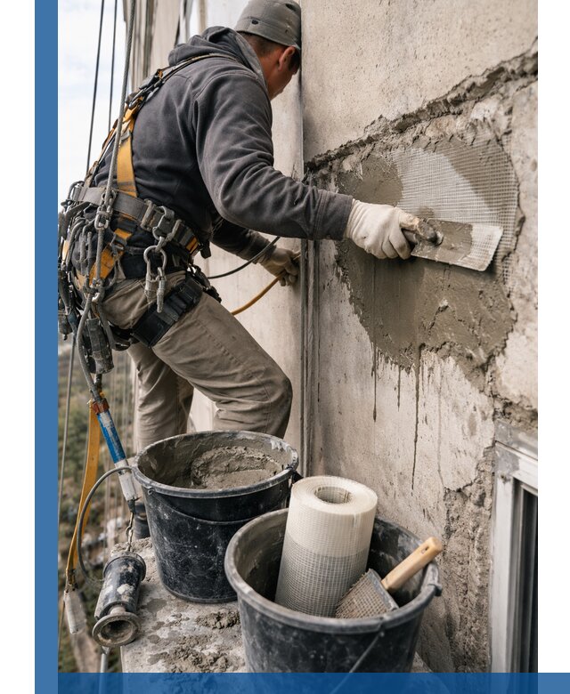 Ремонт бетонных элементов фасада промышленными альпинистами в Белореченске