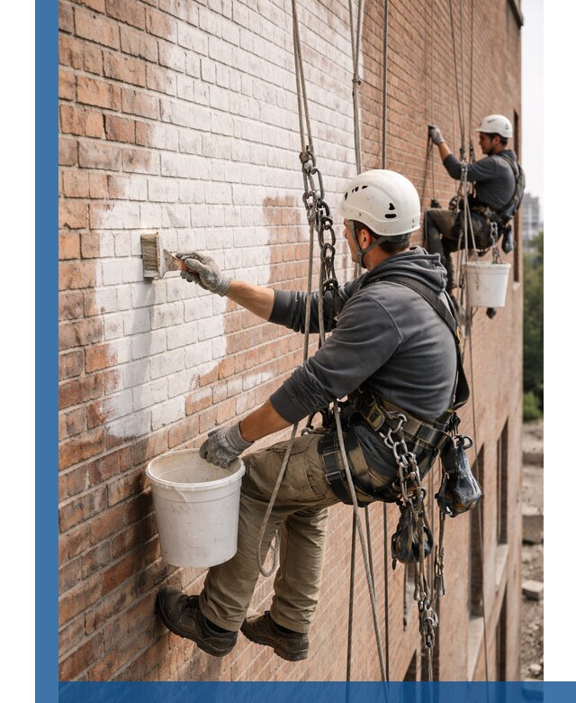 Покраска кирпичного фасада с доступным альпинистским сервисом в Белореченске