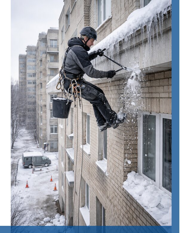 Удаление наледи с карнизов в Белореченске от 355 р. | ВЫСОТНИК-Блч