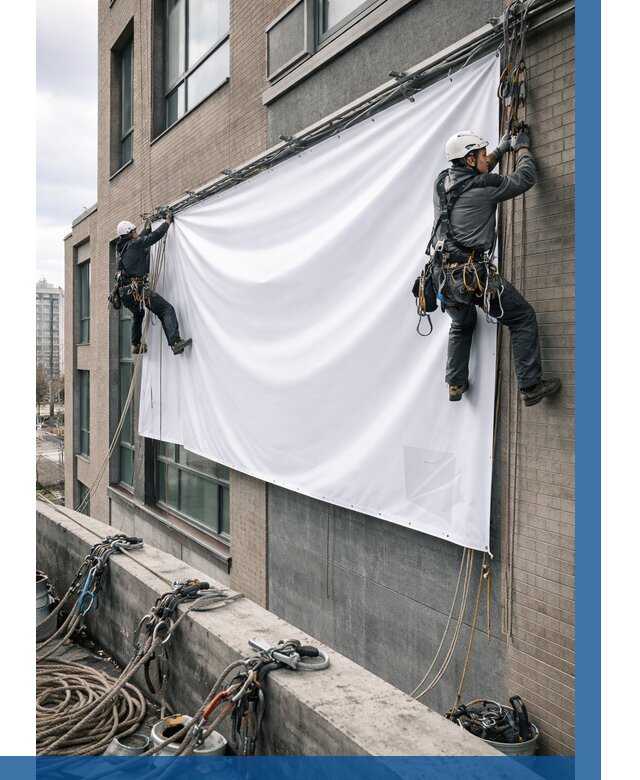 Монтаж баннеров на фасаде в Белореченске от 659 р. заказать ВЫСОТНИК-Блч