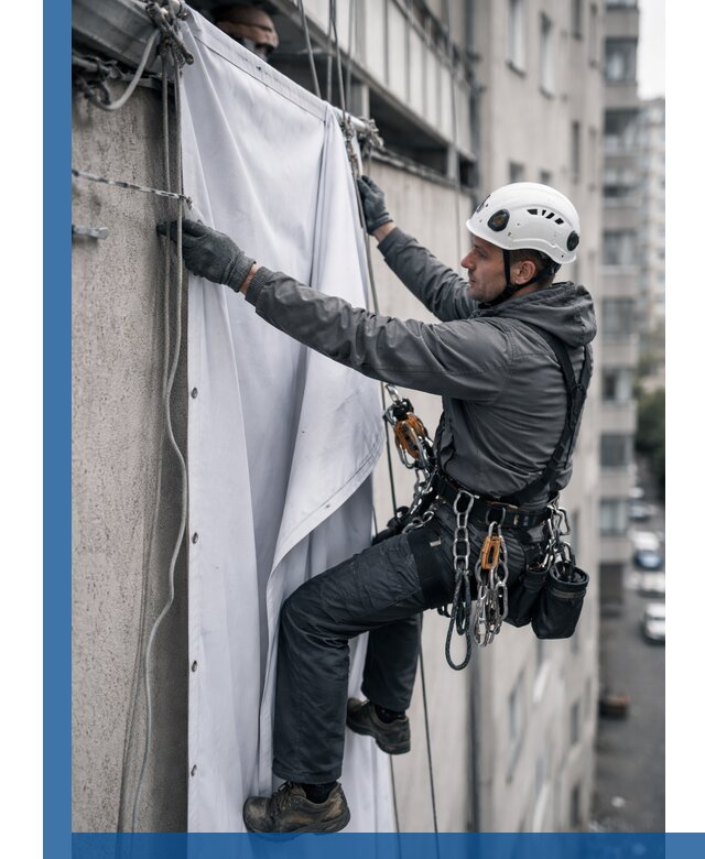 Замена баннерного полотна промышленными альпинистами в Белореченске