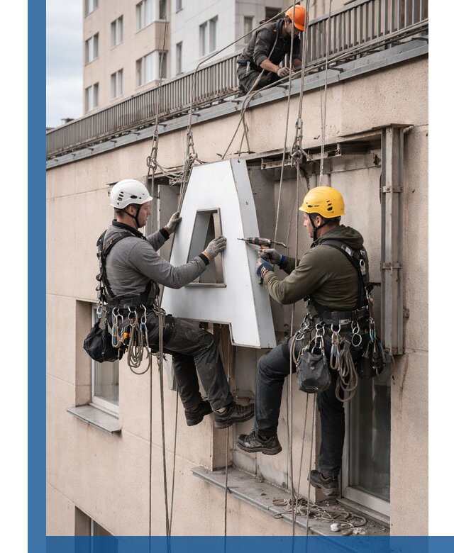 Ремонт и восстановление наружных вывесок на высоте в Белореченске