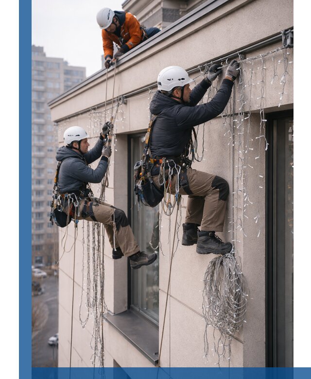 Монтаж праздничных гирлянд на фасаде в Белореченске для зданий