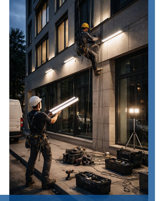 Монтаж архитектурной подсветки здания в Белореченске от 2536 р.|ВЫСОТНИК-Блч