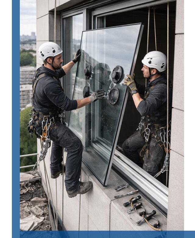 Замена стеклопакетов на высоте с промышленными альпинистами в Белореченске