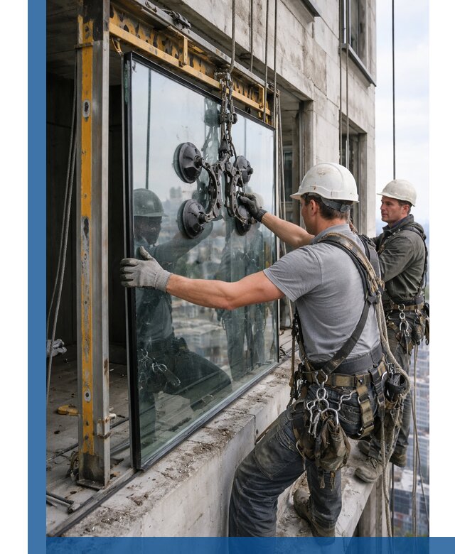 Монтаж стеклопакетов на высоте в Белореченске с промышленным альпинизмом