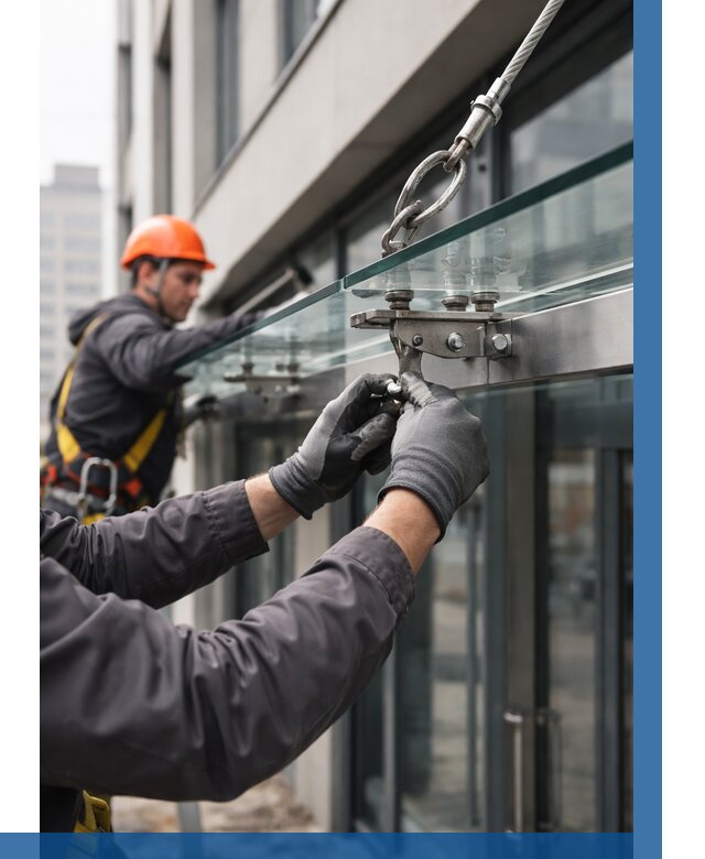 Монтаж стеклянных козырьков в Белореченске от 8622 р. | ВЫСОТНИК-Блч