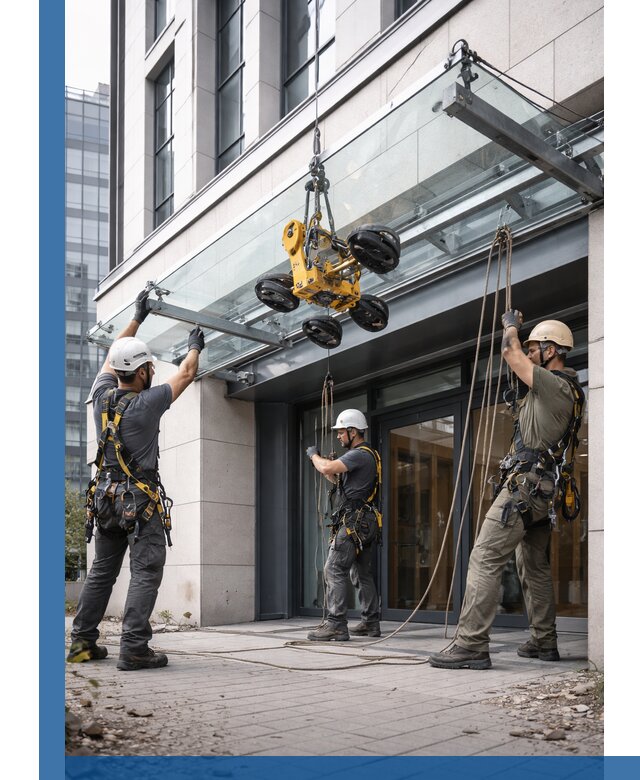 Монтаж стеклянных козырьков под ключ в Белореченске для зданий