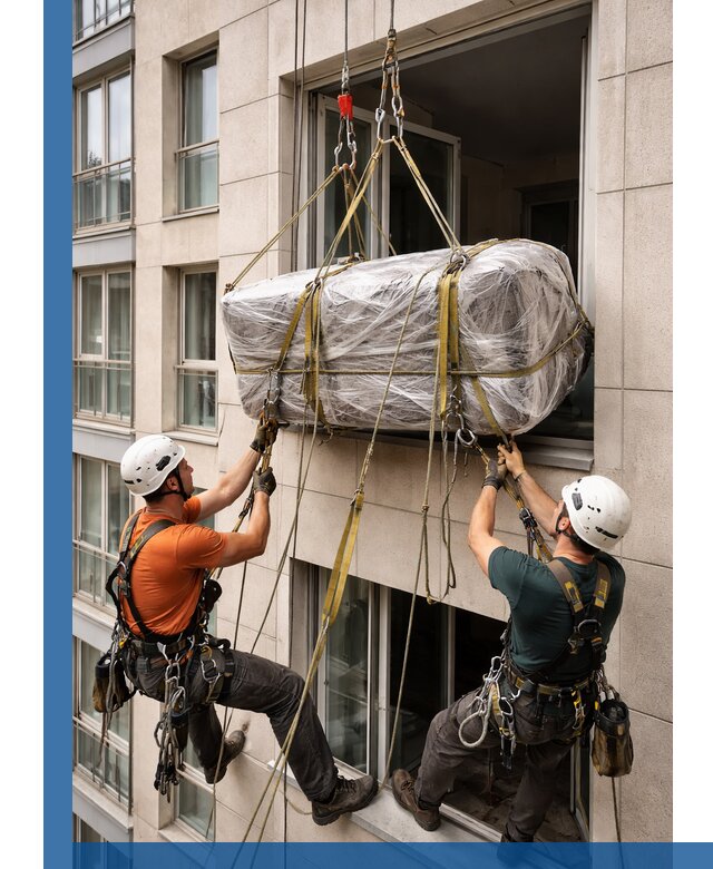 Подъем грузов через окно в Белореченске промышленными альпинистами