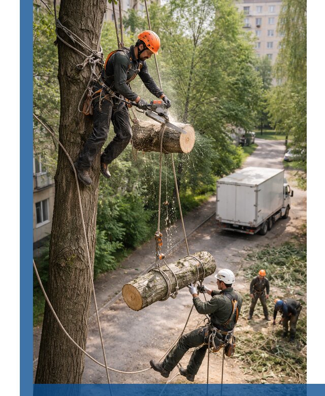 Спил деревьев альпинистами в Белореченске, безопасно и без повреждений