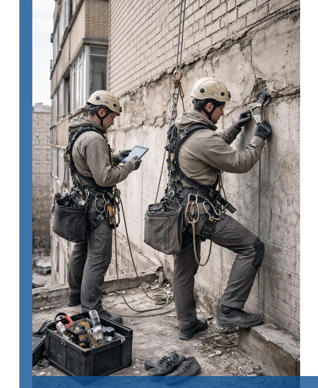 Обследование фасада промышленными альпинистами в Белореченске